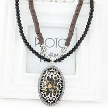 fashion elliptic diamond black bead stainless steel necklace